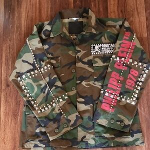 Philipp Plein Camouflage Jean Jacket with Red and White Accents
